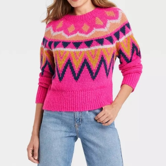 brand: a. new day pink sweater, with print, size: L - Picture 1 of 9